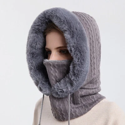 Chapéu e cachecol feminino uma peça gorro chapéus máscara com capuz forrado de lã inverno - Imagem 1 de 4