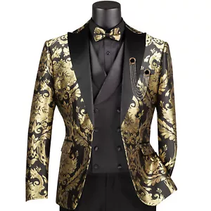 VINCI Men's Black & Gold Jacquard 3pc Modern Tuxedo w/ Bow-Tie - NEW - Picture 1 of 4