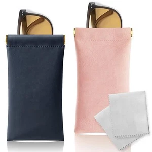 Glasses Case 2 Pack Soft Sunglass Case Portable Squeeze Top Leather Eyeglass Cas - Picture 1 of 7