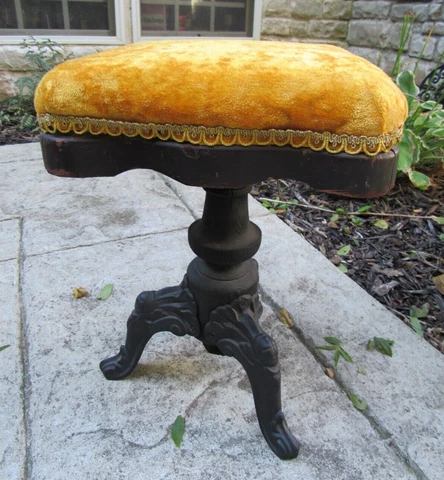 Antique CAST IRON piano stool WOOD gold felt Cover