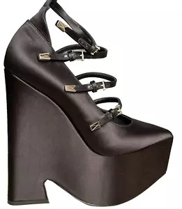 NEW Versace Tempest Platform Pumps Black Satin Pointed Sz 40 / US 10 Shoes - Picture 1 of 10