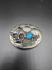 Vintage Navajo Squaw Wrap Turquoise Buffalo Coins Nickel Silver Belt Buckle USA - Picture 1 of 6