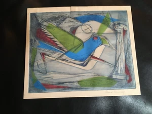 Mid Century Modern Color Abstract Etching of Bird signed Eleanor Morrissey - Picture 1 of 3