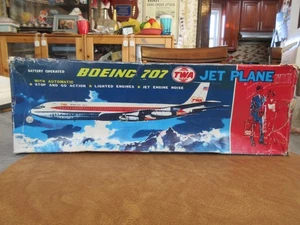 Vintage T.N Tin Toy TWA Boeing 707 Airplane 1:100 Battery Op Lights Sounds Bump - Picture 1 of 15