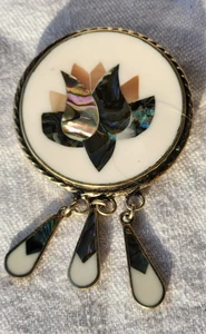 Vintage mexikanische Silber Brosche Abalone Inlay weißer Onyx Hänger Pin signiert Alpaka - Bild 1 von 4