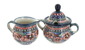Blue Rose Polish Pottery - Red Jungle Flower Cream & Sugar Set - 1 Cup Creamer - Picture 1 of 1