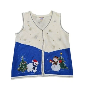 White Stag Christmas Winter Sweater Vest Womens L White Blue Polar Bear Cottage - Picture 1 of 8