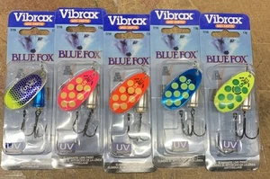 5PC Blue Fox Vibrax 7/16oz UV Dot Scale Size 5 Chartreuse Blue Hot Pink Flame - Picture 1 of 3