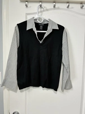 Suéter Top Mujer New York & Company Look Capas Negro Gris Rayas Talla L Foto 1 de 4