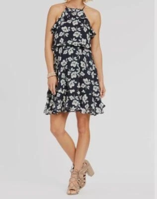 $95 J.O.A. Mini Vestido Para Mujer Azul Sin Mangas Floral Halter Volantes Talla Pequeña Foto 1 de 2