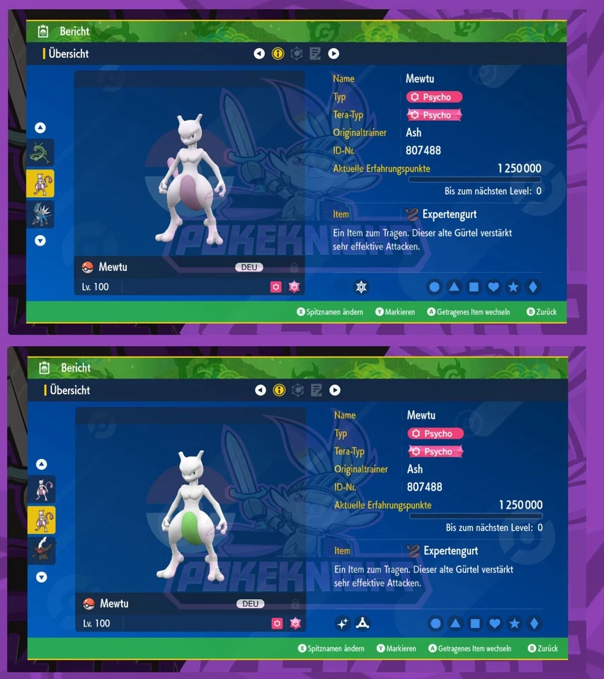 Mewtu Shiny/ non shiny 6DV Lvl 100 EV/AP Set Pokemon Karmesin und Purpur - Bild 1 von 1