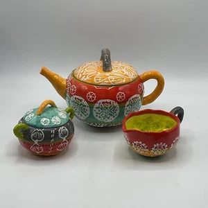 Anthropologie Pottery Teapot Tea Set Creamer and Sugar Colorful - Picture 1 of 8