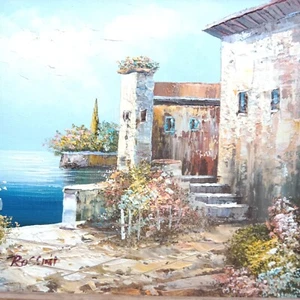 Paysage Méditerranée Village en Italie  Cadre Huile sur Toile Signée Rossini - Picture 1 of 10
