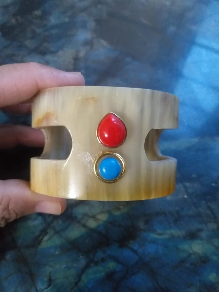 Natural Buffalo Horn Cuff Bracelet With Coral, Turquoise Braceletss Jewelry Boho - Image 1 of 4