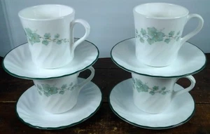 CORELLE CALLAWAY IVY GREEN & WHITE COFFEE CUP & SAUCER 8 PIECE SET CORNING WARE  - Picture 1 of 8