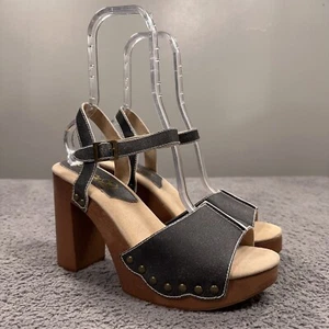 Sbicca Nansa Clog Sandals Womens 10 Black Leather Wood Studded Y2K Heel Platform - Picture 1 of 11