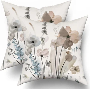 Watercolor Floral Pillow Covers 20x20 in 20" x 20" (Pack of 2) Brown Flower - Picture 1 of 8