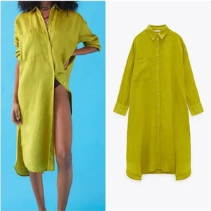 Zara Linen Lime Green Oversized Button Up Shirt Dress NWT Coverup Duster LARGE - Picture 1 of 6