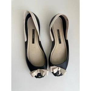 Melissa Bicolor Bow Flat Black Ivory Ballerinas Size 9 - Picture 1 of 5