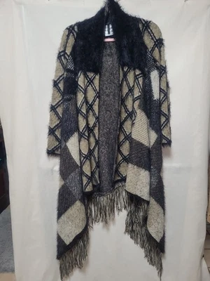 BCBGMaxazria Suéter Largo Cárdigan Abierto Pequeño Negro Tostado Cuadros Acogedor Cálido Foto 1 de 4