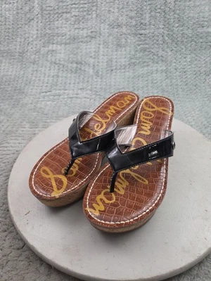 Sandalias de cuña Sam Edelman para mujer talla 7,5 charol negro plataforma tanga Foto 1 de 4