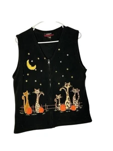 Women’s Halloween Vest Zip Up Sz L Black Artsy Cats Pumpkins Stars Moon - Picture 1 of 8