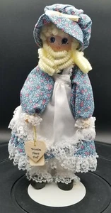 9" Wooden Heart Doll Long Blond Curly Hair Blue Bonnet w/Stand - Picture 1 of 6