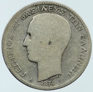 1874 A GREECE King GEORGE I ANTIQUE Crowned Silver 1 Drachma Greek Coin i118343 - Picture 1 of 2
