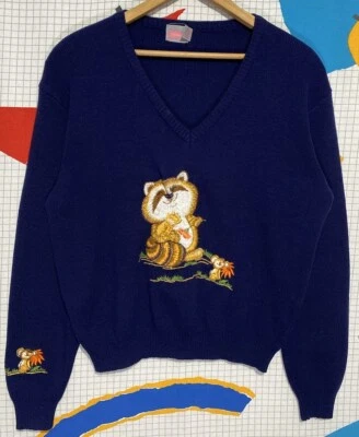 Vintage 80s JCPenney Raccoon Sweater Medium Mushroom Mouse 70s Hippie Nature - Image 1 of 4