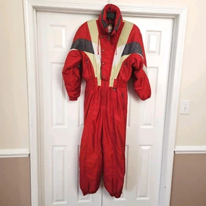 Descente Red Gray Tan Ski Suit Snowsuit Snow Bib Retro Vintage 1980s Mens Lrg - Picture 1 of 20
