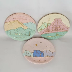 3 Southwestern Wall Plates Landscape Pottery Pastel 22kt Gold Textured Glaze - Picture 1 of 11