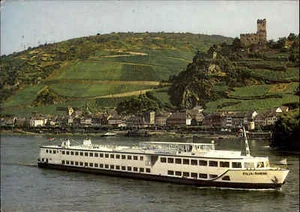 Barco barco de pasajeros FILIA RHENI barco de pasajeros pasa castillo Rin barco foto - Imagen 1 de 2