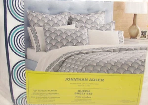 Jonathan Adler Blue Fish Scales Queen Sheet Set 400 TC White NEW 2 Pillowcases - Picture 1 of 2