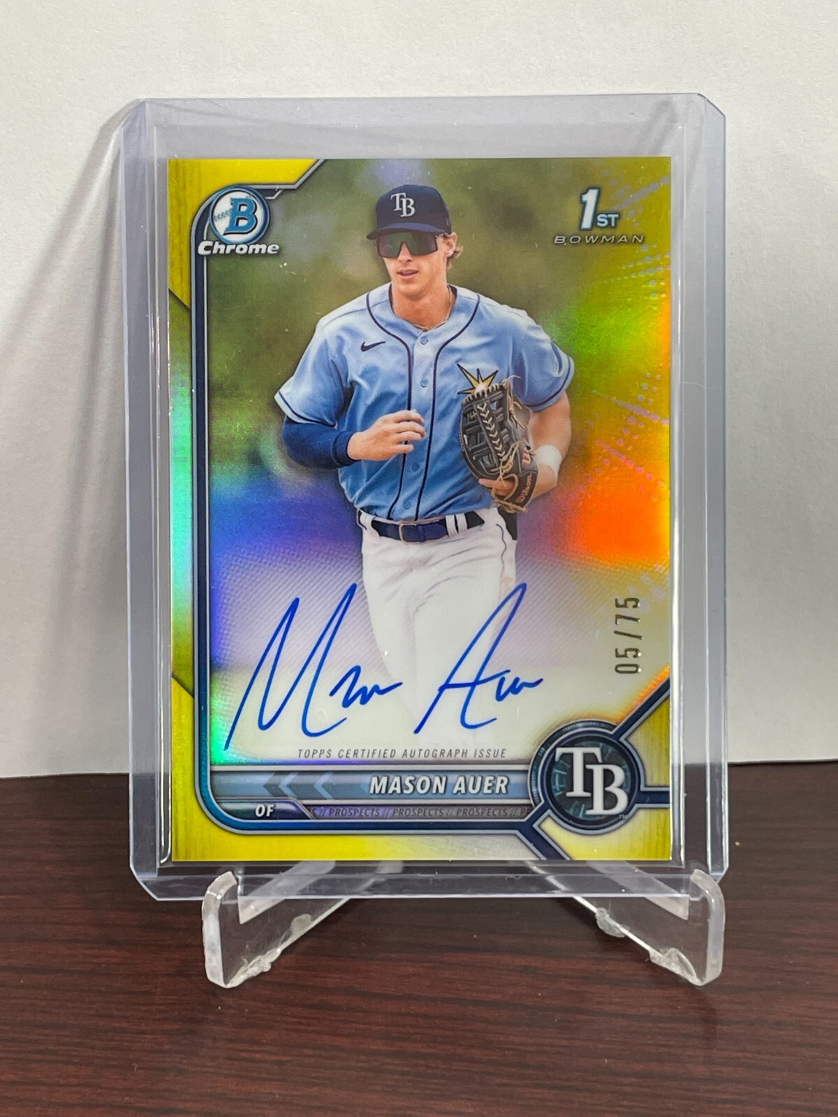2022 Bowman Chrome Mason Auer 1st Bowman Yellow Refractor Auto #d 5/75