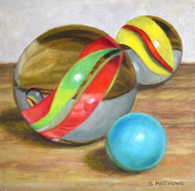 Pintura al óleo diaria bodegón tres canicas en estante 6x6 pulgadas disco duro Foto 1 de 4