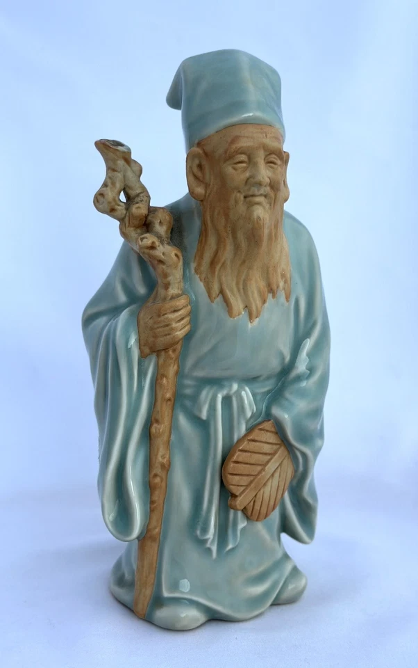 Винтажная японская керамическая фигурка Селадон Jurojun Lohan Kutani Mark 9 дюймов - Изображение 1 из 4