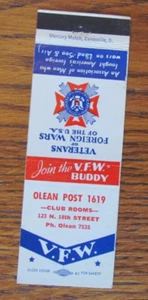 FRATERNAL V.F.W. POST 1619 STREICHHOLZBUCHHÜLLE: OLEAN, NEW YORK LEERES STREICHHOLZCOVER -B9 - Bild 1 von 1