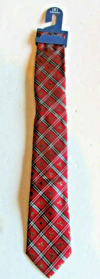 George Mens Christmas Tie Mistletoe Plaid Necktie Red Holiday Business Casual