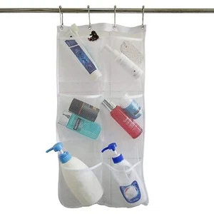 Mesh Shower Organizer Hanging Bathroom Caddy Hang On Curtain Rod with 4 Hooks - Picture 1 of 7