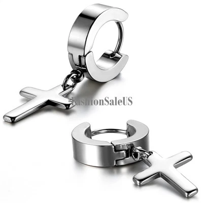 Men Women Stainless Steel Feather Cross Studs Drop Dangle Huggie Hoop Earrings U - Image 1 of 4