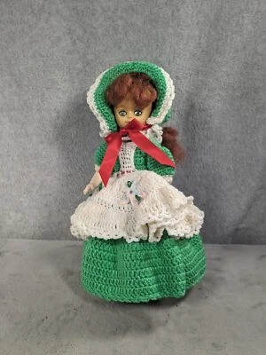 Vintage Cute Doll In Green Crocheted Dress 12" Tall With Stand - Image 1 of 4