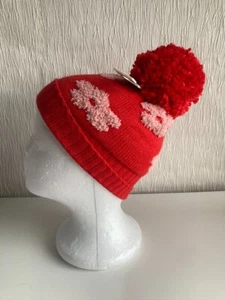 BNWT Next Baby Girls Red Pink Floral Winter Bobble Beanie Hat Size 3-9 Months - Picture 1 of 3