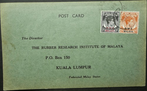 B.M.A MALAYA RUBBER INSTITUTE 1948 POST CARD FROM SINGAPORE TO KUALA ...