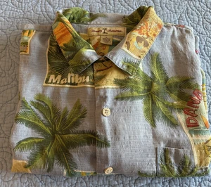 Tommy Bahama Silk Shirt Men’s Large Blue Beach Postcard Print Short Sleeve - Picture 1 of 8