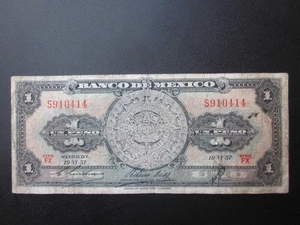 1957 MEXICO 1 PESO BANKNOTE "S" EL BANCO DE MEXICO serie FX NOTE - Picture 1 of 2