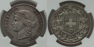 Rare 1891B Large Heavy Silver Coin Swiss Confederation Five Francs NGC VF35 - Picture 1 of 2