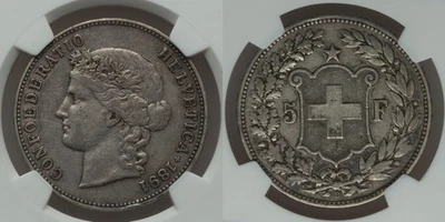 Rare 1891B Large Heavy Silver Coin Swiss Confederation Five Francs NGC VF35 - Image 1 of 2