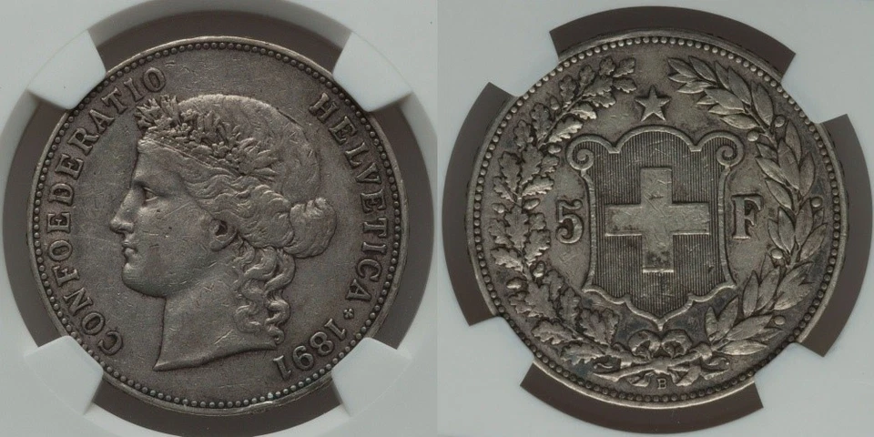 Rare 1891B Large Heavy Silver Coin Swiss Confederation Five Francs NGC VF35 - Image 1 of 2