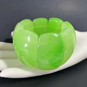 Wide Lucite Beaded Bracelet Stretch Green Apple Statement Small Wrist Chunky - Picture 1 of 11