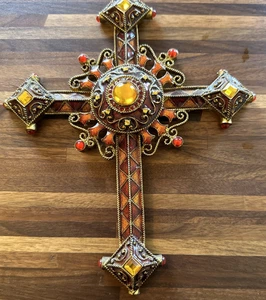 Vintage Estate Copper Tone Fancy Cross Pendant w/ Red & Yellow Stones - Picture 1 of 9